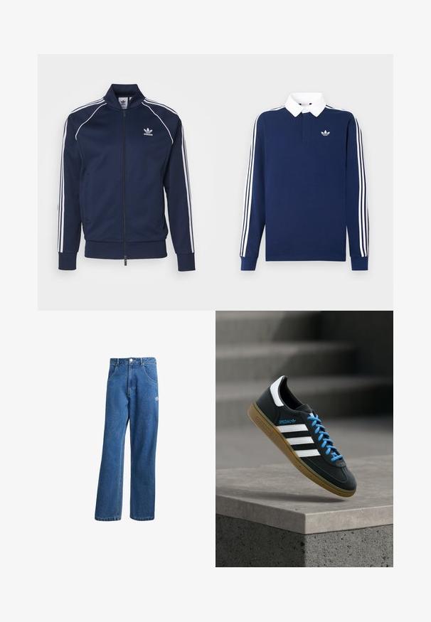 adidas Originals Bombera - night indigo; Tmavomodrá polokošeľa s dlhým rukávom, bavlnená tkanina, biely golier, s klasickými tromi bielymi pruhmi na rukávoch, s malým logom na hrudi.; Modré riflové nohavice s vysokým pásom a širokým strihom, s prednými vreckami, pútkami na opasok, zapínaním na gombík a malým logom Adidas na pravej stehne.; Čierna teniska Adidas s bielymi pruhmi, modrými šnúrkami a gumovou podrážkou, ktorá sa vznáša nad sivým betónovým schodom v mäkkom svetle.