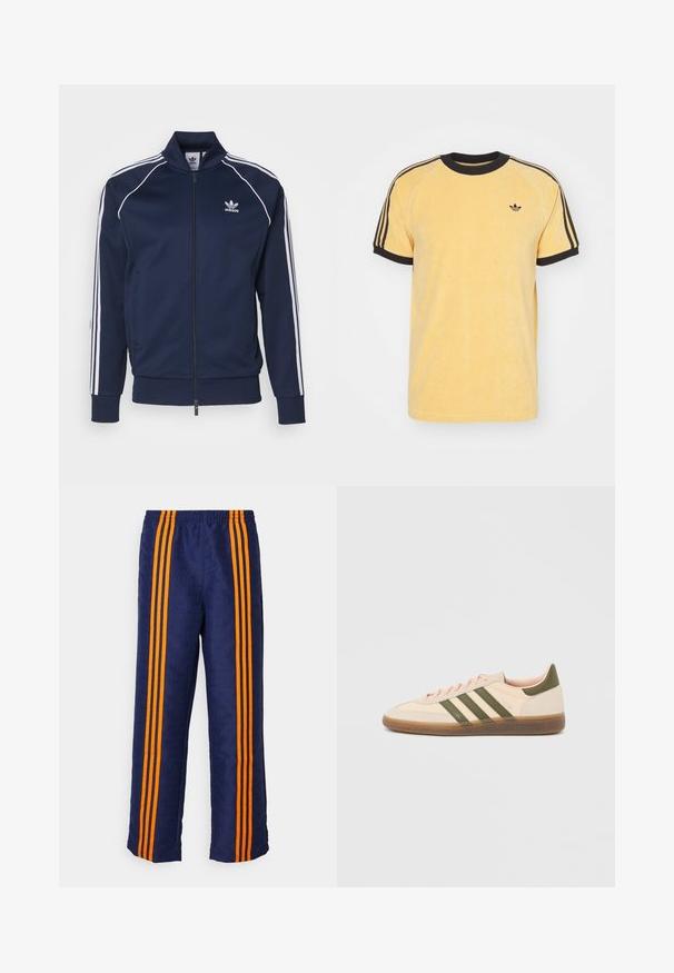 adidas Originals Bombera - night indigo; adidas Originals CALI TEE - Tričko s potlačou - oat; Námornícke modré nohavice s celoplošnou vzorovanou textúrou a tromi výraznými oranžovými pruhmi na každej strane. Elastická pásová časť v hornej časti.; Nízky béžový tenisky Adidas Spezial so zelenými pruhmi, gumovou podrážkou a nápisom „SPEZIAL“ na boku, zobrazené z vonkajšej strany.