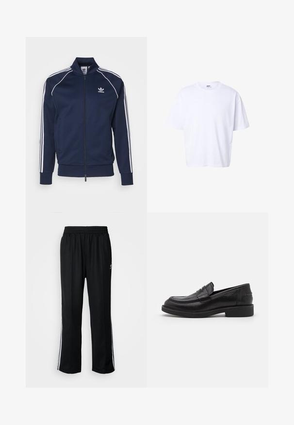 adidas Originals Bombera - night indigo; Jednoduché biele tričko z bavlny s krátkym rukávom, okrúhlym výstrihom, voľným strihom a značkou Urban Classic vo vnútri goliera.; Čierne športové nohavice s elastickým pásom, s bielymi bočnými prúžkami a malým logom. Materiál vyzerá byť mäkký a ľahký.; Čierne kožené mokasíny s okrúhlou špičkou, tonálnym prešívaním a pásom detailu vpredu. Gumená podrážka s nízkym opätkom.