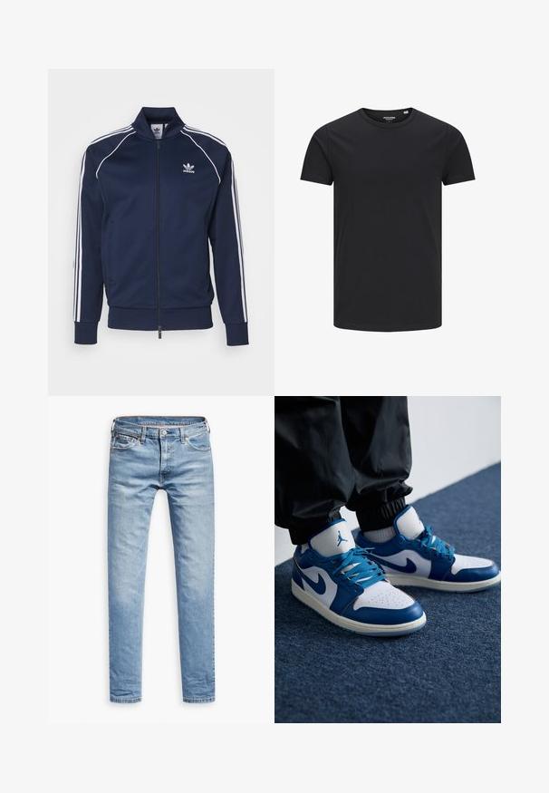 adidas Originals Bombera - night indigo; Čierne bavlnené tričko s okrúhlym výstrihom, krátkymi rukávmi a jednoduchým dizajnom. Hladký povrch, bez vzorov alebo viditeľného hardvéru.; Svetlomodré džíny, rovný strih, dizajn s piatimi vreckami, so zipsom a gombíkovým zapínaním. Hladká textúra s jemnými vyblednutými detailmi.; Nike Air Jordan tenisky majú bielu koženú základňu s modrými syntetickými akcentmi, perforovanou špičkou a modrými šnúrkami.