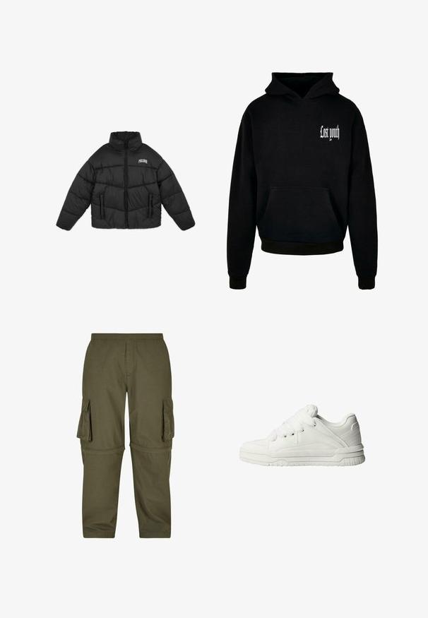 Schwarze Daunenjacke mit hohem Kragen, Reißverschluss und zwei Vorderaschen; verfügt über vertikale Steppnähte und ein Logo auf der linken Brust.; Schwarzer Kapuzensweatshirt mit einer vorderen Tasche, versehen mit weißem Text "Lost youth" in der oberen linken Ecke. Aus Baumwollmischung.; Olivgrüne Cargo-Hosen aus leichtem Material, mit mehreren Seitentaschen, einem elastischen Bund und einem geraden Schnitt.; Weiße Sneaker mit glattem Lederobermaterial, gepolstertem Zungenbereich, flachen Schnürsenkeln und strukturierten Akzenten an den Seiten und der Ferse.