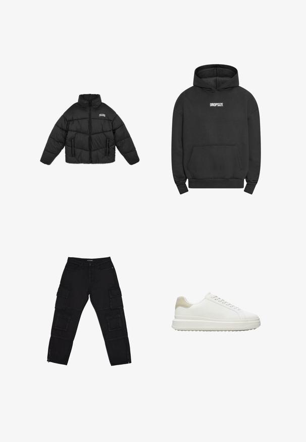 Schwarze Daunenjacke mit hohem Kragen, Reißverschluss und zwei Vorderaschen; verfügt über vertikale Steppnähte und ein Logo auf der linken Brust.; Schwarze Kapuzenjacke mit Kängurutasche, gerippten Bündchen und Saum, versehen mit dem Schriftzug "DROPSIZE" in Weiß auf der oberen Brust. Normale Passform.; Schwarze Cargo-Hosen aus robustem Stoff, ausgestattet mit mehreren Cargotaschen, Reißverschluss-Ärmeln und geraden Beinen mit dezenten Nähdetails.; Weiße Sneakers aus glattem Leder mit einer texturierten, beigen Fersenapplikation, runden Schnürsenkeln, einem flachen Design und einer Gummisohle.