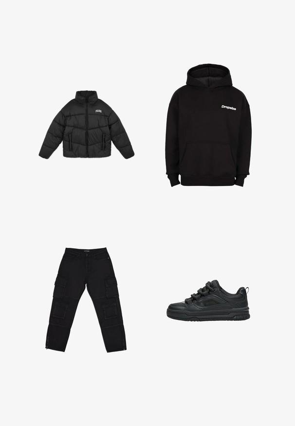 Schwarze Daunenjacke mit hohem Kragen, Reißverschluss und zwei Vorderaschen; verfügt über vertikale Steppnähte und ein Logo auf der linken Brust.; Schwarzer Kapuzenpullover mit Fronttasche und weißem "Dropsize"-Logo auf der linken Brust.; Schwarze Cargo-Hosen aus robustem Stoff, ausgestattet mit mehreren Cargotaschen, Reißverschluss-Ärmeln und geraden Beinen mit dezenten Nähdetails.; Schwarzer Low-Top-Sneaker mit dicker Sohle, gepolstertem Kragen, Mesh-Einsätzen und kräftigen Schnürsenkeln, dargestellt vor weißem Hintergrund.