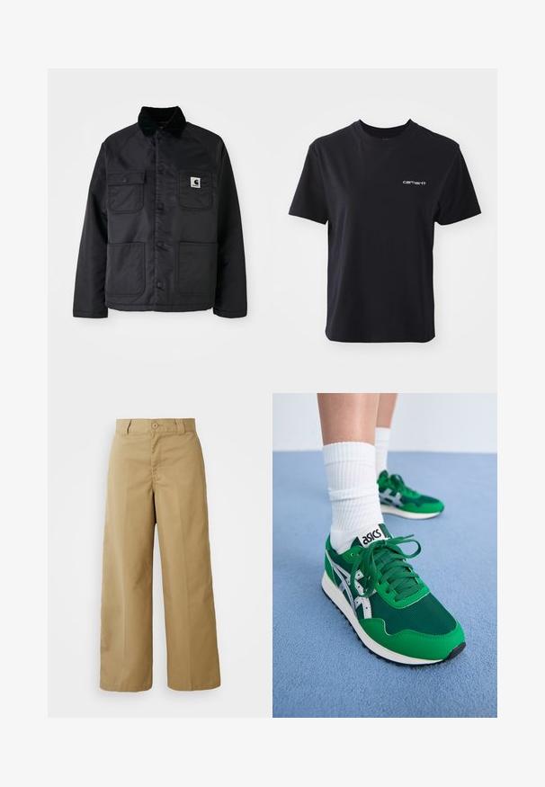 Zwarte gewatteerde jas met een corduroy kraag, voorzien van twee voorzakken, drukknoopsluiting en een witte logo patch op de linkerkant van de borst.; Zwarte katoenen t-shirt met ronde hals, korte mouwen en wit "carhartt" logo op de linkerkant van de borst. Glad oppervlak, standaard pasvorm.; Beige wijde broek gemaakt van een katoenmix, met knoopsluiting, riemlussen en zijzakken.; Groene net en synthetische sneakers met witte accenten en een zwarte rubberen zool. Bevat veters, een gevoerde kraag en het ASICS-logo op de tong.