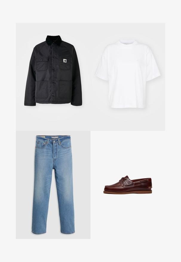 Chaqueta negra acolchada con cuello de pana, que cuenta con dos bolsillos frontales, botones a presión y un parche de logo blanco en el lado izquierdo del pecho.; Camiseta de algodón blanca con cuello redondo, mangas cortas y un corte relajado. Presenta un logo sutil en el área del pecho izquierdo. Textura suave.; Jeans de mezclilla azul claro de pierna recta con bolsillos frontales, lazos para cinturón y cierre de botón sobre un fondo liso.; Zapato náutico de cuero marrón con cordones, detalles de costura y logo de Timberland en el lateral, mostrado sobre un fondo blanco.