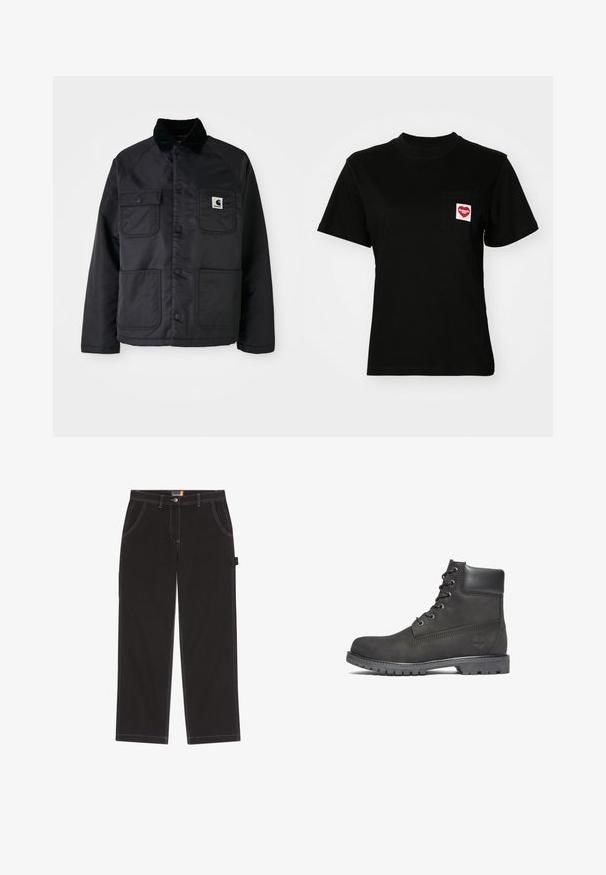 Veste noire matelassée avec un col en velours côtelé, dotée de deux poches avant, de pressions et d'un écusson blanc sur la poitrine gauche.; T-shirt en coton noir avec un col rond et des manches courtes. Présente une poche frontale avec un logo de cœur rouge et du texte en blanc.; Pantalon noir en tissu résistant, avec surpiqûres contrastées, deux poches avant, une poche latérale unique et une fermeture par bouton.; Bottine en cuir noir à bout rond, avec un laçage à l'avant, un col rembourré et une semelle en caoutchouc texturé. Présente un logo embossé sur le côté.