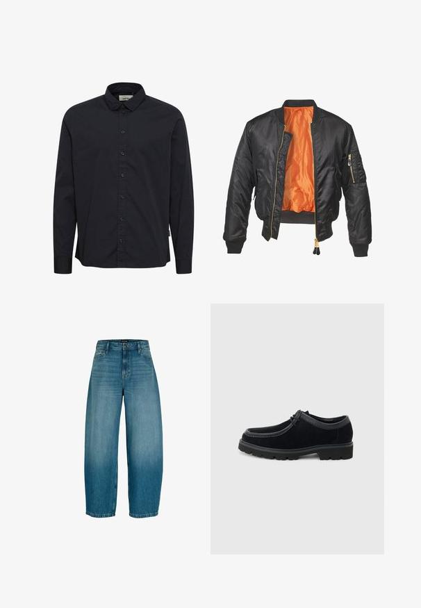 Veste bomber noire avec un extérieur brillant, doublure orange, poignets côtelés et une poche zippée sur la manche gauche. Accents de fermeture éclair dorés.; Chemise noire à manches longues avec col et poignets, comportant sept boutons visibles le long de la patte de boutonnage avant.; Jean en denim bleu à jambes larges avec fermeture avant par boutons et zipper, passants pour ceinture et poches latérales, présentant un léger délavage au niveau des cuisses.; Chaussure à lacets en daim noir avec semelle en caoutchouc épaisse et embout arrondi, vue de profil sur fond gris clair.