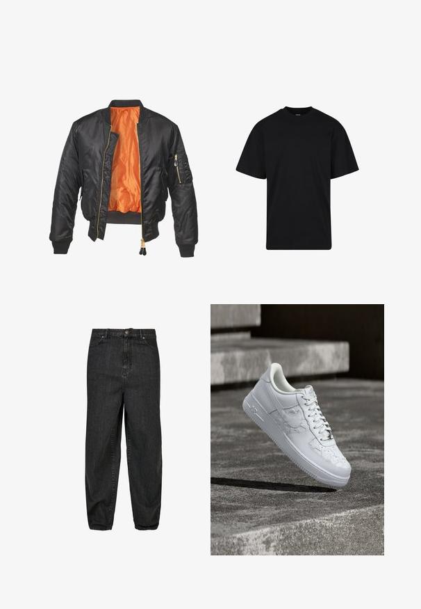Mustmust jacket särava välispinnaga, oranž vooder, soonilised randmed ja tõmblukuga tasku vasakul varrukal. Kuldne tõmblukk.; Mustast lühikeste varrukatega ümara kaelusega T-särk, lõdva istuvusega, lihtsa disainiga, ilma nähtavate logode või mustriteta.; Mustad denim püksid relaxed fit lõikega, eesnupu sulgemisega, viie taskuga ja kangale on lisatud peene närbumise detailid.; Valge Nike Air Force 1 toss, millel on reljeefsed tähe mustrid ja metallist tähega kingapaelakaunistus, hõljub betoonpinna kohal.