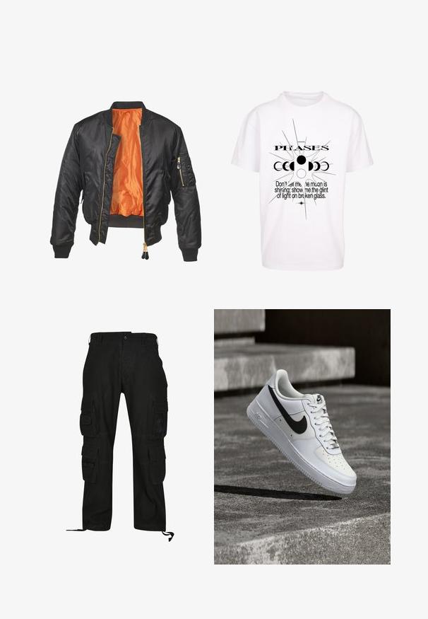 Mustmust jacket särava välispinnaga, oranž vooder, soonilised randmed ja tõmblukuga tasku vasakul varrukal. Kuldne tõmblukk.; Valge puuvillane t-särk, millel on must graafiline trükk kuu faasidest, jooned ja tekst. Ümar kaelus, lühikesed varrukad ja relaxed sobivus.; Mustad mustat cargo püksid, mis on valmistatud vastupidavast kangast, mitme küljetaskuga, vabalt istuv ja reguleeritavate pahkluuringide rihmadega.; Valge Nike Air Force 1 toss, millel on must swoosh, paelad seotud, paikneb õhus hallil tekstureeritud betoonpinnal välitingimustes.