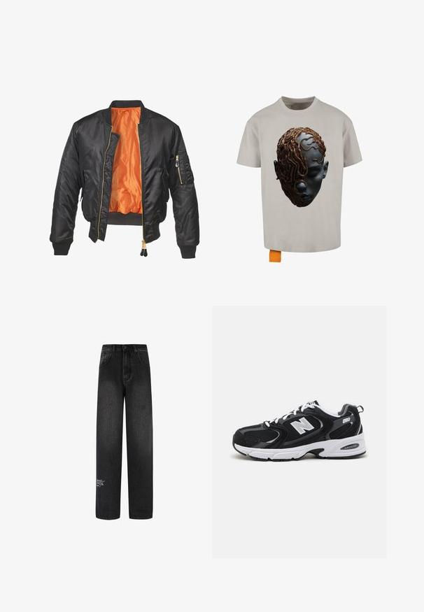 Zwarte bomberjack met een glanzende buitenkant, oranje voering, geribde manchetten en een ritszak op de linker mouw. Gouden ritsaccenten.; Lichtgrijze t-shirt met een grafische print van een gezicht met een donkere huid en ingewikkelde, bruine slangachtige details die één kant bedekken.; Zwarte denim brede-spijkerbroek met een hoge taille, met twee voordeliger zakken en een decoratieve logodetail op het onderbeen.; Zwarte en grijze sport schoenen met een bovenwerk van mesh en suede, voorzien van een witte tussenzool, veters en een gedurfde "N"-logo aan de zijkant.