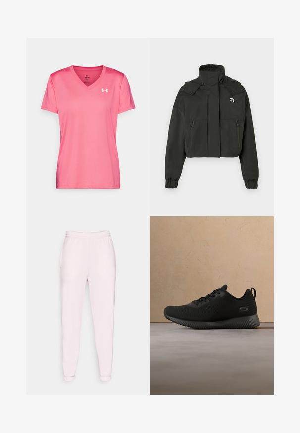 Zwarte cropped jacket met een hoge kraag, twee voorzakken met rits, elastische manchetten en een klein logoaccent op de bovenste borst.; Roze sportieve T-shirt met een V-halsontwerp, korte mouwen en een lichte, gladde textuur. Heeft een wit logo op de bovenste linkerzijde.; Lichtroze sweatpants met een trekkoord in de tailleband, zijzakken en elastische manchetten. Gemaakt van zachte, rekbare stof.; Zwarte sportieve schoenen met een textuur bovenkant, ronde neus en veters. Beschikt over een gewatteerde zool en een lus aan de achterzijde voor gemakkelijke aan- en uittrekken.