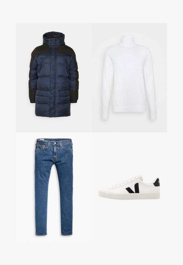 Navy blauwe pufferjas met zwarte accenten, voorzien van een hoge kraag, twee voorzakken en een ritsluiting. Gestructureerde stofafwerking.; Witte coltrui met lange mouwen, gemaakt van een zachte stof. Heeft een aansluitend ontwerp en geribde manchetten en zoom. Geen patronen of accenten.; Blauwe slim-fit denim jeans met vijf zakken, een knoop aan de voorkant en riemlussen, plat weergegeven op een witte achtergrond.; Witte leren sneaker met zwarte suède accenten; voorzien van een rubberen zool, ronde neus en een klassieke vetersluiting. Zijkant met logo in het zwart.