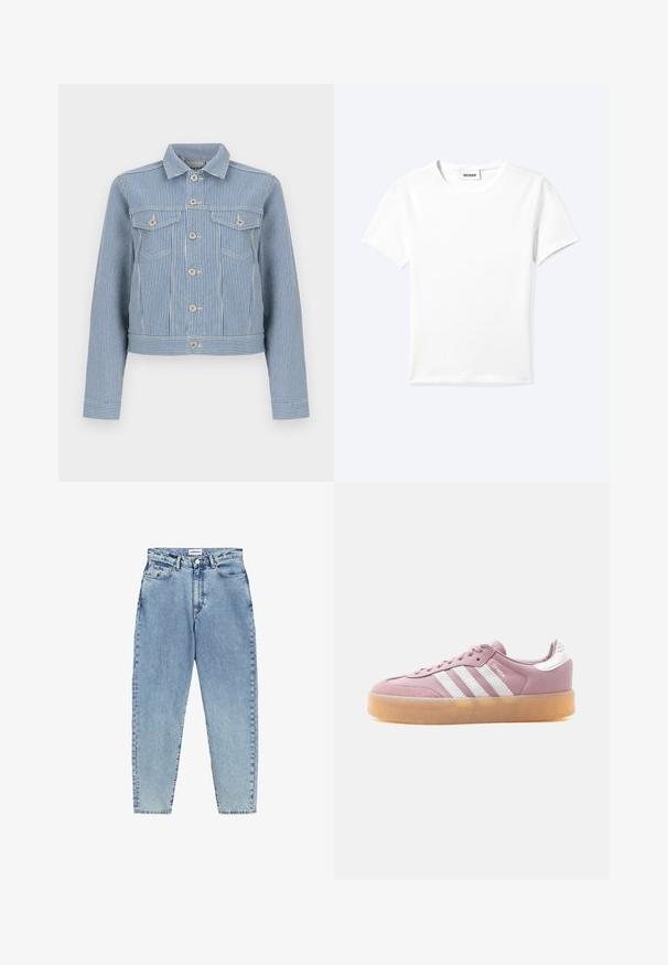 Blau-weiß gestreifte Jeansjacke mit vertikalen Streifen, Knopfverschluss, zwei Brustklapptaschen mit Knöpfen und einem klassischen Kragen.; Einfaches weißes T-Shirt mit kurzen Ärmeln und Rundhalsausschnitt sowie kleinem "WEEKDAY"-Etikett im Nacken, flach auf einem hellen Hintergrund präsentiert.; Helle blaue Jeans mit hochsitzt, geradem Bein und Kontrastnähten. Mit vorderen und hinteren Taschen sowie einem Knopfverschluss.; Niedriger rosa Sneaker mit weißen Streifen, Gummisohle in Karamellfarbe und dem Schriftzug "SAMBA" an der Seite.