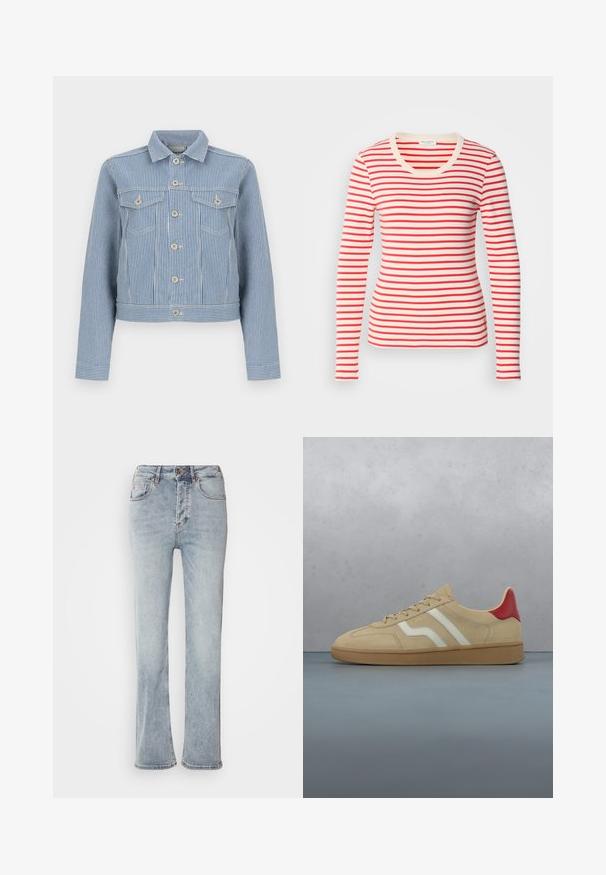 Blå og hvide denimjakke med lodrette striber, lukket med knapper, to brystlommer med klapper og knapper samt en standardkrave.; Langærmet stribet t-shirt med et rødt og cremefarvet mønster, rund hals, tætsiddende design og blød bomuldsagtig tekstur.; Lysblå denimjeans med høj talje, lige ben-design og en let udskæring ved kanten. Har syninger som accent og en lynlås foran.; Beige ruskindssneaker med rød hældetalje, hvide striber og en tekstureret tanfarvet gummisål. Har snørebånd og glat inderside.