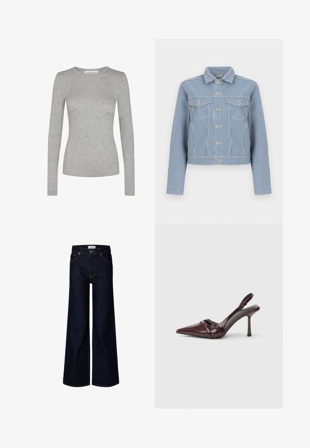 Blå og hvide denimjakke med lodrette striber, lukket med knapper, to brystlommer med klapper og knapper samt en standardkrave.; Sofie Schnoor SOFIE SCHNOOR - Langærmet T-shirt - grey mel; Mørkeblå bredbenede denimjeans med frontknap og lynlås, bæltestropper og frontlommer, vist på en hvid baggrund.; Bourgogne laklæder slingback-hæl med spids tå, tynd ankelrem og lille dekorativ spænde. Glat tekstur og høj hæl.
