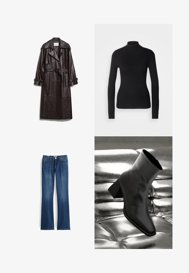 Donkerbruin leren trenchcoat met brede revers, dubbele knopen, ceintuur in de taille en gespspecificaties op de mouwen en de riem.; Zwarte coltrui gemaakt van lichte brei stof. Heeft lange mouwen, een aansluitend design en een zachte ribbeltextuur.; Geweide blauwe denim jeans met een middelhoge taille, vijf zakken en een frontale knoopsluiting. De stof vertoont lichte vervaging voor een textuur.; Zwarte enkellaarsjes van glanzend materiaal met een vierkante neus en taps toelopende hak, afgezet tegen een glanzende zilveren gecapitonneerde achtergrond.