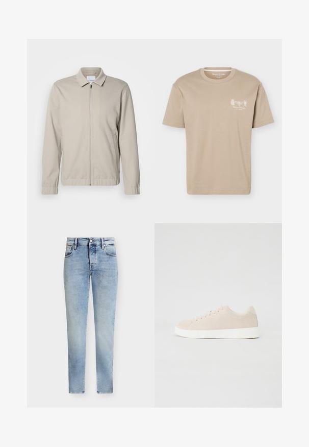 Φωτεινό μπεζ zip-up μπουφάν με γιακά, ελαστικούς μανσέτες και πλαϊνές τσέπες. Φτιαγμένο από μαλακό, λείο ύφασμα.; Μπεζ κοντομάνικη μπλούζα με στρογγυλή λαιμόκοψη, μικρά σχέδια εντόμων και λογότυπο "Marc O'Polo" στο αριστερό στήθος.; Ανοιχτό μπλε τζιν παντελόνι με ίσια γραμμή, σχέδιο με πέντε τσέπες, φερμουάρ και κούμπωμα με κουμπί. Ξεθωριασμένο φινίρισμα με διακριτικές λεπτομέρειες λύγισματος.; Μπεζ σουέτ αθλητικά παπούτσια με λευκές καουτσούκ σόλες, στρογγυλή μύτη και έξι τρύπες για κορδόνια. Λείος υφή με μινιμαλιστικό σχέδιο.
