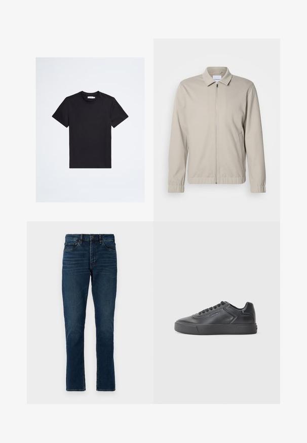 Lys beige lynlåsjakke med krave, elastiske manchetter og sidelommer. Fremstillet af et blødt, glat stof.; Sort t-shirt med korte ærmer og rund hals med lille tonalt logo på venstre bryst og hvid mærkeetiket inde i kraven.; Mørkeblå denimjeans med lige snit, fem lommer, bæltestropper og subtile falmede detaljer. Søm med stikninger og knappelukning.; Sort lædersneaker med rund tå, flad gummisål og kontrasterende syninger. Har et logo på siden og snørebåndsdesign.