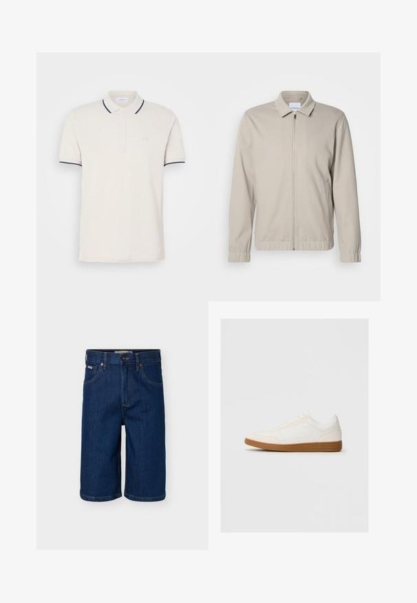 Veste zippée beige clair avec un col, des poignets élastiques et des poches latérales. Fabriquée dans un tissu doux et lisse.; Polo crème avec une patte de boutonnage à trois boutons, manches courtes, et accents de col et de manches bleu marine. Tissu en mélange de coton doux.; Short en denim bleu foncé avec poches avant, passants de ceinture, fermeture par bouton et coutures contrastantes.; Baskets blanches avec un capuchon en daim, un dessus en synthétique lisse et une semelle en caoutchouc marron. Présente des perforations sur les côtés pour une meilleure respirabilité.