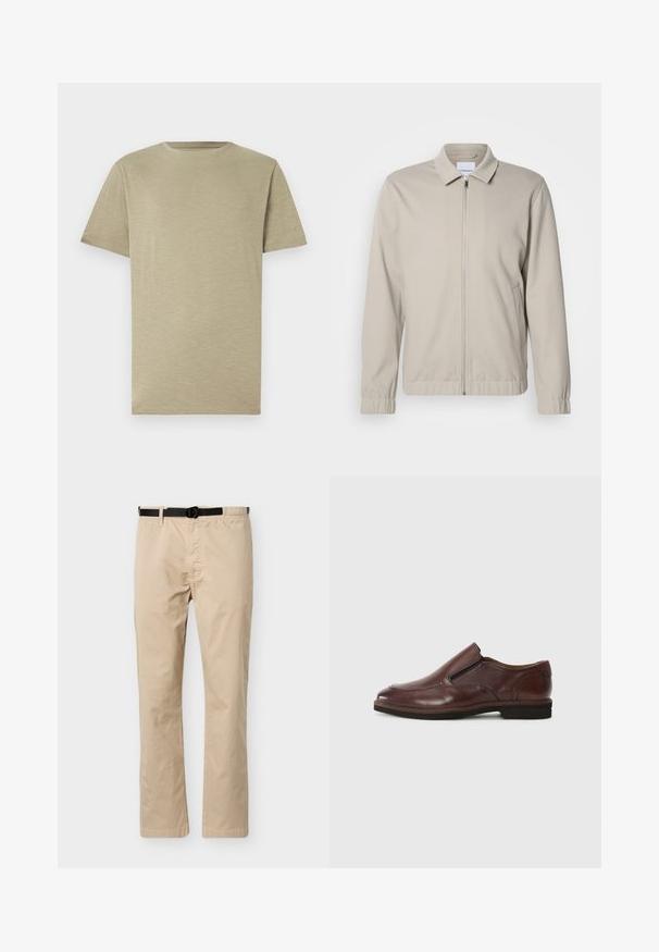 Lichtbeige zip-up jack met een kraaghals, elatische manchetten en zijzakken. Gemaakt van een zachte, gladde stof.; Licht kaki t-shirt, korte mouwen, ronde hals, zachte textuur, gladde stof, zonder patronen of accenten, rechte snit, neutrale kleur.; Beige broek met rechte pijpen, zwarte verstelbare riem, elastische tailleband aan één kant en een voornaad als detail.; Bruine leren instapschoen met een ronde neus, elastische zijaccenten en een lage rubberen zool. Bevat subtiele stiksels langs de rand.