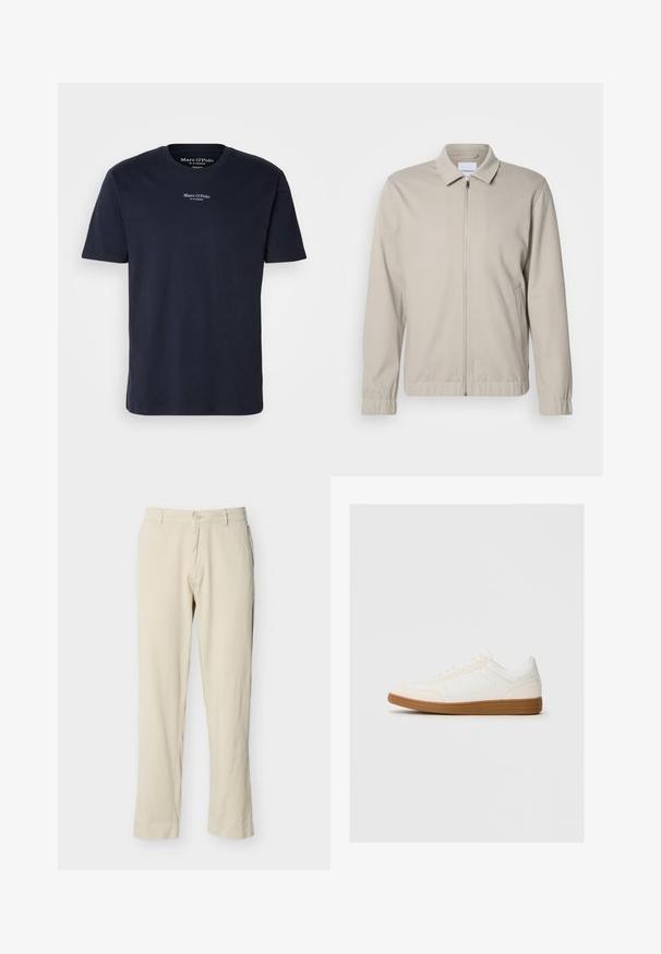 Hellbeige Kapuzenjacke mit Reißverschluss, Kragen, elastischen Bündchen und seitlichen Taschen. Hergestellt aus einem weichen, glatten Stoff.; Dunkelblaue Baumwoll-T-Shirt mit kurzen Ärmeln, Rundhalsausschnitt, mit kleinem weißen Logo-Text auf der oberen Brust. Angenehme Haptik, normale Passform.; Beige, gerade geschnittene Hose mit Gürtelschlaufen, Knopfverschluss und vorderen Taschen, dargestellt vor einem schlichten weißen Hintergrund.; Weißer Sneaker mit einer Wildleder-Zehenkappe, glattem Synthetik-Obermaterial und einer sandfarbenen Gummisohle. Verfügt über Perforationen an den Seiten für Atmungsaktivität.
