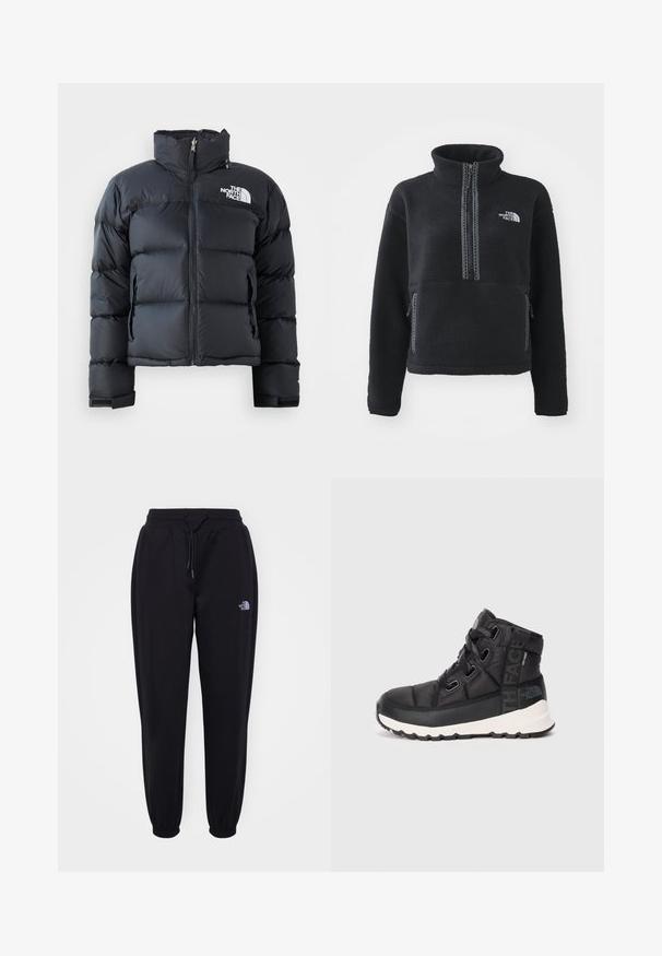 Schwarze Steppjacke aus glänzendem, wasserabweisendem Material. Verfügt über einen hohen Kragen, einen Frontreißverschluss und ein Logo auf der linken Brust. Kurzes Design.; Schwarzer Fleece-Pullover mit hohem Kragen, Viertel-Reißverschluss, Fronttasche und kontrastierenden Nähten. Mit The North Face-Logo auf der Brust.; Schwarze Jogginghose mit elastischem Bund und Bündchen, Kordelzug, seitlichen Taschen und kleinem weißen The North Face-Logo am rechten Oberschenkel.; Schwarze mid-cut Wanderschuhe mit strukturiertem Finish, verstellbaren Schnürsenkeln und weißer Gummisohle. Mit Branding an der Seite.