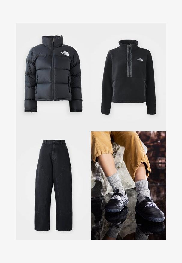 Schwarze Steppjacke aus glänzendem, wasserabweisendem Material. Verfügt über einen hohen Kragen, einen Frontreißverschluss und ein Logo auf der linken Brust. Kurzes Design.; Schwarzer Fleece-Pullover mit hohem Kragen, Viertel-Reißverschluss, Fronttasche und kontrastierenden Nähten. Mit The North Face-Logo auf der Brust.; Schwarze Denim Cargo-Hosen mit weitem Bein und hoher Taille, zwei großen Vordertaschen und einem Knopfverschluss an der Taille. Glatte Textur, lässiges Design.; Schwarze isolierte Schlupfschuhe mit strukturierten Sohlen und weißem Logo, getragen mit grauen Strümpfen aus Strick, kombiniert mit ribbeligen, senffarbenen Hosen.