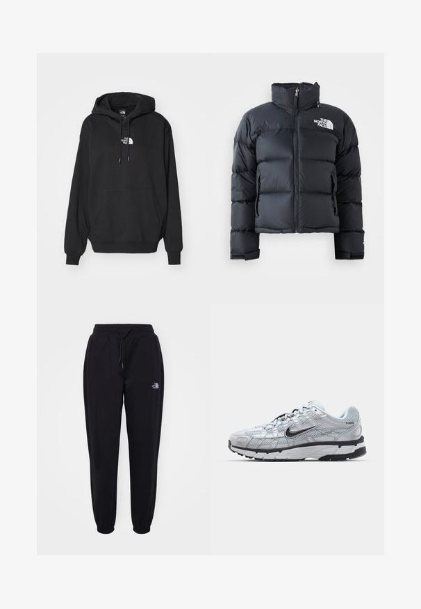 Čierna puffa bunda vyrobená z lesklého, vodoodolného materiálu. Má vysoký golier, predný zips a logo na ľavej hrudi. Krátky dizajn.; Čierna mikina s kapucňou a kengurím vreckom, s bielym logom na hrudi, vyrobená z jemného materiálu, určená na bežné nosenie.; Čierne športové nohavice s elastickým pásom a manžetami, sťahovacou šnúrkou, postrannými vreckami a malým bielym logom The North Face na pravej stehne.; Tenisky Nike P-6000 s vrchným materiálom z jemnej šedej sieťoviny, čiernymi akcentmi a odolnou čiernou gumovou podrážkou. Obsahujú jemný dizajn a systém šnurovania.