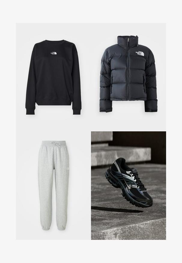 Zwarte pufferjack gemaakt van glanzend, waterafstotend materiaal. Voorzien van een hoge kraag, een rits aan de voorkant en een logo op de linkerborst. Korte stijl.; Zwarte sweatshirt gemaakt van een katoenmengsel, met een ronde halslijn, lange mouwen, ribgebreide manchetten en een klein wit logo op de borst.; Grijze sweatpants met een elastische tailleband en trekkoord. De stof is zacht, met elastische boorden bij de enkels en een logodetail.; Zwart-zilveren Nike hardloopschoen zwevend boven betonnen trappen, met een gedetailleerd ontwerp en een getextureerde zool in een buitenomgeving.