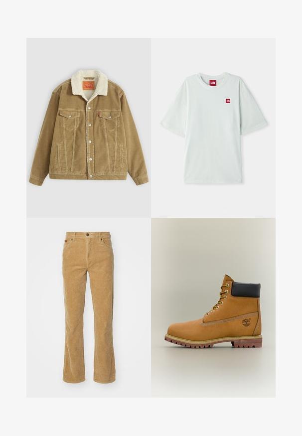 Veste en velours côtelé brun avec un col en fausse fourrure crème. Dotée de deux poches poitrine, d'une fermeture à boutons et de détails de coutures verticales.; T-shirt à manches courtes vert clair en coton doux, arborant une petite étiquette logo rouge sur la zone gauche de la poitrine. Coupe décontractée et col rond.; Pantalons en velours côtelé beige avec une coupe évasée, présentant un tissage vertical, une fermeture à bouton et des poches avant.; Bottine en cuir marron avec col noir, lacets jaunes et semelle beige. Présente un logo et des détails de couture blanche. Semelle extérieure à traction robuste.