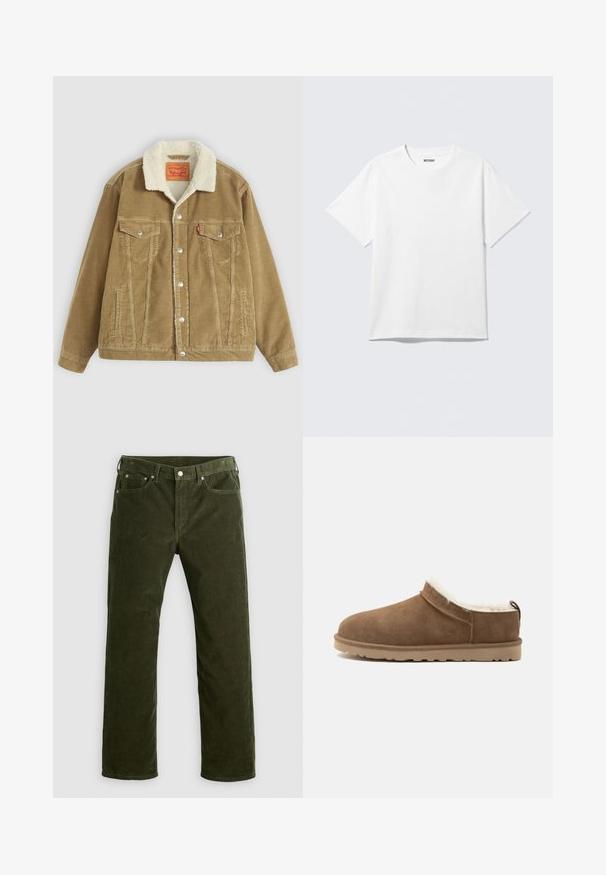 Bruine corduroy-jack met een crèmekleurige faux shearling kraag. Voorzien van twee borstzakken, knoopsluiting en verticale stikdetails.; Witte T-shirt met korte mouwen en ronde hals, plat gelegd, effen ontwerp, met een "WEEKDAY" label in de kraag op een lichte achtergrond.; Olijfgroene corduroy rechte pijpen broek met voorknop, ritssluiting, riemlussen en vijf-vakken ontwerp op een witte achtergrond.; Bruine suède instapslof met beige zool en witte fleece voering, ontworpen voor warmte en comfort binnenshuis.