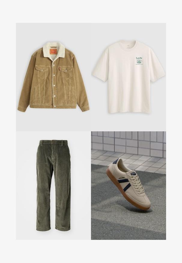 Braune Kordjacke mit einem cremefarbenen Kunstfellkragen. Verfügt über zwei Brusttaschen, einen Knopfverschluss und vertikale Nähdetails.; Weißes Baumwoll-T-Shirt mit kurzen Ärmeln und einem grünen Lev's-Logo sowie Text auf der linken Brust. Lockerer Schnitt, glatte Textur.; Olivgrüne Cordhosen mit vertikalen Rippungen, ausgestattet mit einem Knopfverschluss und einem geraden Schnitt. Weicher Stoff mit klassischer Passform.; Beige Sneaker mit strukturierter Oberfläche, dunkelblauen Streifen und Gummisohle. Verfügt über eine gepolsterte Zunge und ein traditionelles Schnürsystem für einen sicheren Sitz.
