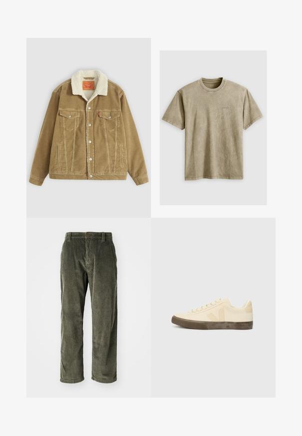 Chaqueta de pana marrón con un collar de borreguito sintético color crema. Presenta dos bolsillos en el pecho, cierre de botones y detalles de costura vertical.; Camiseta de manga corta color marrón claro con cuello redondo, hecha de una tela suave. Presenta un pequeño logo bordado en el pecho.; Pantalones de pana color verde oliva con acanalado vertical, que presentan un cierre de botón y un diseño de pierna recta. Textura suave con un ajuste clásico.; Zapatilla de lona beige con puntera redonda, cordones planos y suela de goma marrón texturizada. Presenta un logo en el lateral y un diseño minimalista.