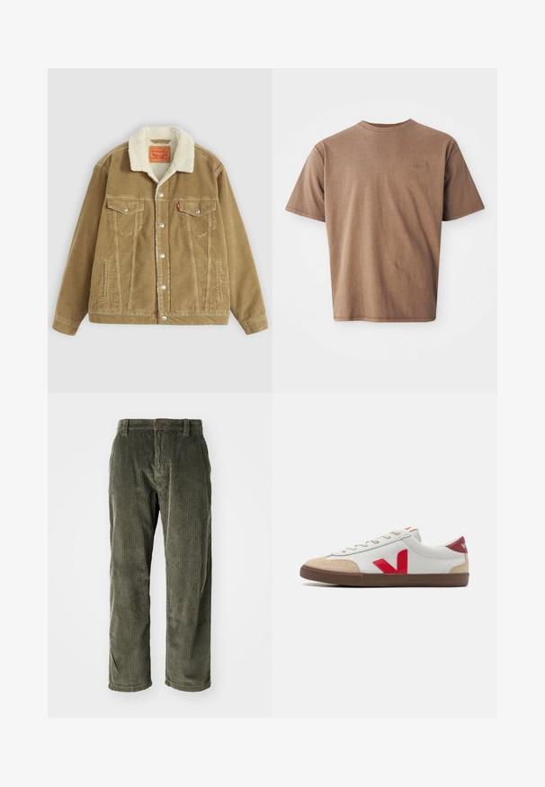Brun kordfløjlsjakke med en cremefarvet kunstpelskrave. Har to brystlommer, knaplukning og lodrette syninger.; Brun bomulds t-shirt med rund hals, korte ærmer og et diskret broderet logo på venstre brystområde. Glat tekstur, afslappet pasform.; Olivengrønne fløjlsbukser med lodrette ribber, der har knaplukning og lige ben. Blød tekstur med en klassisk pasform.; Hvide lædersneakers med rød V-logo, beige ruskind toe cap og brun gummisål. Har klassisk snørelukning og polstret krave.