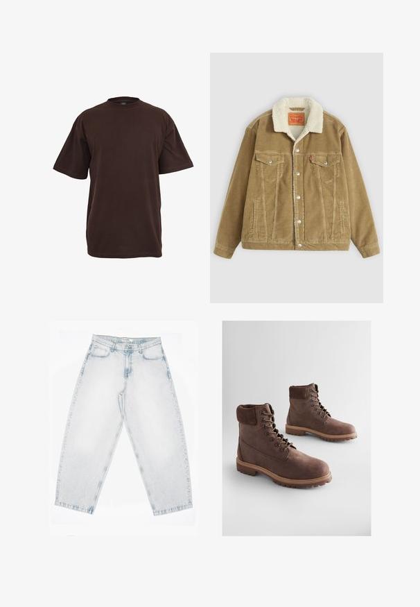 Braune Kordjacke mit einem cremefarbenen Kunstfellkragen. Verfügt über zwei Brusttaschen, einen Knopfverschluss und vertikale Nähdetails.; Braunes Baumwoll-T-Shirt mit kurzen Ärmeln, Rundhalsausschnitt und lockerer Passform. Glatte Textur ohne sichtbare Muster oder Akzente.; Hellblaue Jeans aus Denim mit hoher Taille, geraden, weiten Beinen, Knopf- und Reißverschluss sowie vorderen und hinteren Taschen.; Braune Leder-Stiefeletten mit strukturierter Oberfläche, gepolstertem Schaft, Metallösen und robustem Gummisohlen. Stilvolles Design für Langlebigkeit.