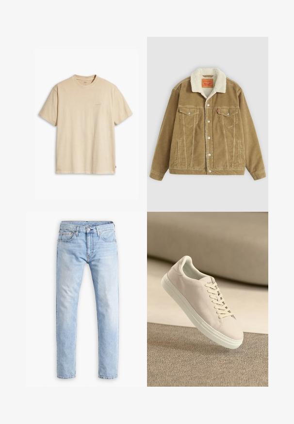 Braune Kordjacke mit einem cremefarbenen Kunstfellkragen. Verfügt über zwei Brusttaschen, einen Knopfverschluss und vertikale Nähdetails.; Beige Baumwoll-T-Shirt mit Rundhalsausschnitt und kurzen Ärmeln. Verfügt über ein dezentes "Levi's"-Logo in der gleichen Farbe auf der Brust. Weiche Textur.; Helle blaue Jeans aus Denim mit geradem Schnitt, fünf Taschen und orangefarbenen Nähten, ausgestattet mit einem Knopf- und Reißverschluss.; Beige Wildleder-Sneaker mit weißer Sohle und Schnürsenkeln, die über einem strukturierten beigen Teppich vor einem sanften beigen Hintergrund schwebt.