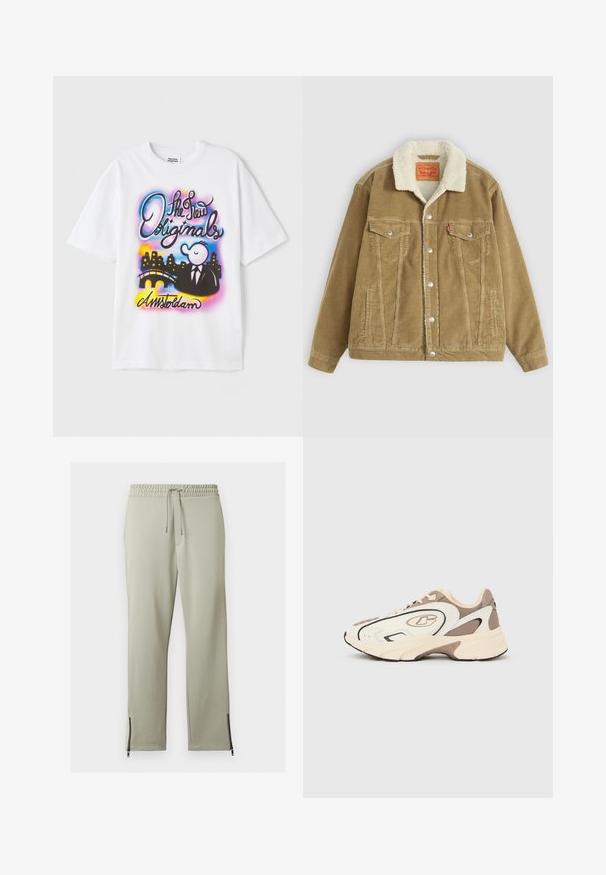 Ruskea corduroy-takki, jossa on vaaleancreme faux shearling -kaulus. Ominaisuuksiin kuuluvat kaksi rintataskua, nappikiinnitys ja pystysaumadetailit.; Valkoinen puuvillapaita, jossa on edessä graafinen painatus, jossa on värikkäitä tekstejä, sarjakuvahahmo puvussa, silta ja kaupunkihorisontti.; Vaaleanharmaat collegehousut joustavalla vyötäröllä, kiristysnauhalla ja mustilla vetoketjutiedoilla nilkkakäänteissä, asetettuna tasaisesti valkoiselle taustalle.; Urheilusneakerit, joissa on kerma- ja ruskeasävyinen värimaailma, mesh- ja synteettiset materiaalit, pyöreä kärki ja näkyvä logo sivussa.