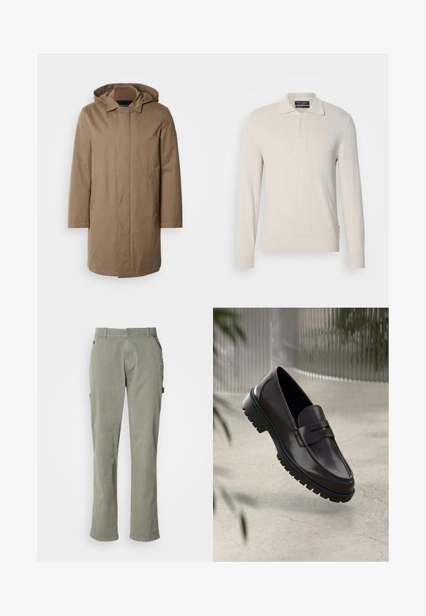 Manteau long à capuche de couleur marron douce. Fabriqué en tissu lisse avec des poches latérales et une coupe droite. Style minimaliste, sans motifs visibles.; Pull col polo à manches longues beige clair en tricot doux avec une finition texturée, doté d'un col classique et d'une patte de boutonnage à trois boutons.; Pantalon en coton vert clair à coupe droite, avec des poches devant, une fermeture à bouton et une taille avec passants de ceinture.; Mocassins en cuir marron avec une semelle en caoutchouc texturée et striée. Présente un design épuré et une sangle décorative sur le cou-de-pied.