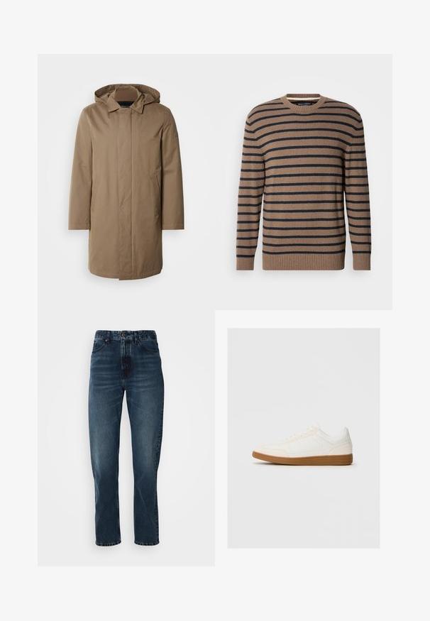 Lang hætteklædt frakke i en afdæmpet brun farve. Fremstillet af glat stof med sidelommer og et lige snit. Minimalistisk stil, ingen synlige mønstre.; Brun og marineblå stribet sweater med rund hals, lange ærmer og ribstrikkede manchetter, lavet af et blødt strikmateriale.; Mørkeblå lige bukser med frontknap og lynlås, fem-lomme design og subtil fading på lår og knæ.; Hvide sneakers med en ruskind tåspids, glat syntetisk overdel og tan gummisål. Har perforeringer på siderne for åndbarhed.