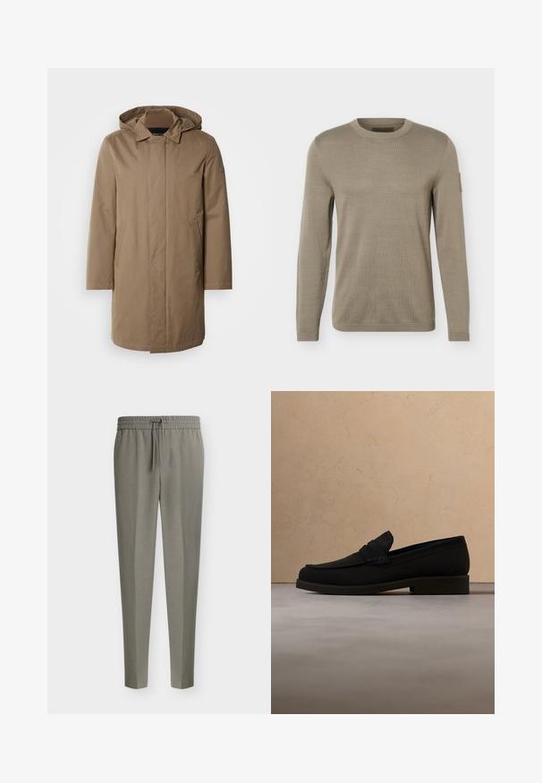 Langer Kapuzenmantel in einem gedämpften Braunton. Hergestellt aus glattem Stoff mit seitlichen Taschen und einem geraden Schnitt. Minimalistischer Stil, keine sichtbaren Muster.; Beiger Strickpullover mit Rundhalsausschnitt und langen Ärmeln, mit gerippten Bündchen und Saum, mit kleinem Patch-Detail am oberen linken Ärmel.; Hellgraue Herren-Anzugshosen mit schmal zulaufenden Beinen und einem elastischen Bund mit vorderem Kordelzug.; Schwarzer Leder-Slipper, der über einem beigen Teppich schwebt, mit einem beige gepolsterten Sofa im Hintergrund.