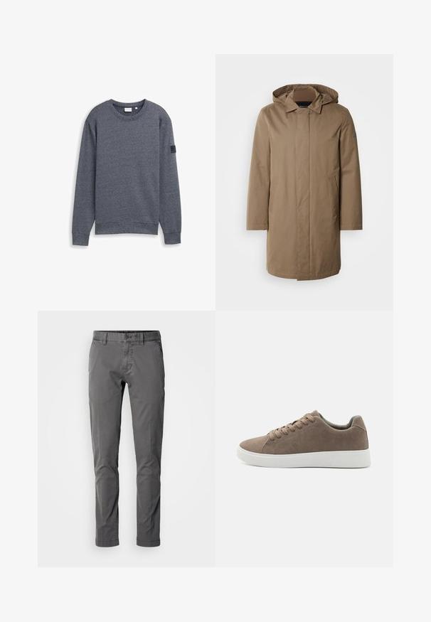 Langer Kapuzenmantel in einem gedämpften Braunton. Hergestellt aus glattem Stoff mit seitlichen Taschen und einem geraden Schnitt. Minimalistischer Stil, keine sichtbaren Muster.; Grauer Langarm-Sweatshirt aus strukturiertem Stoff mit Rundhalsausschnitt und gerippten Bündchen. Verfügt über ein minimalistisches Design ohne Verzierungen.; Schmal geschnittene graue Baumwollhose mit Knopfverschluss, Seitentaschen und glatter Textur. Bietet ein klassisches Design und eine taillierte Silhouette.; Braune Wildledersneaker mit flachen weißen Gummisohlen, Schnürdesign, abgerundete Zehen und einer glatten Textur. Minimalistischer Stil mit dezenten Nähdetails.