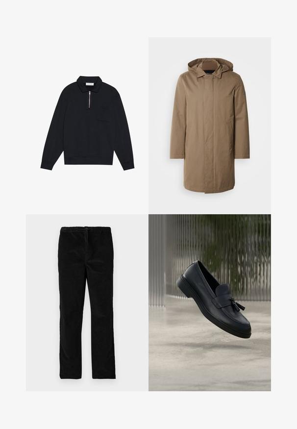 Lang hætteklædt frakke i en afdæmpet brun farve. Fremstillet af glat stof med sidelommer og et lige snit. Minimalistisk stil, ingen synlige mønstre.; Pier One by Zalando Sweatshirt - black; Sorte lige ben i velour med elastisk talje og forreste snor, præsenteret mod en simpel hvid baggrund.; Sorte læderloafers med en glat tekstur, en rundet tå og dekorative kvaster foran. Fleksibel gummisål med lav hæl.