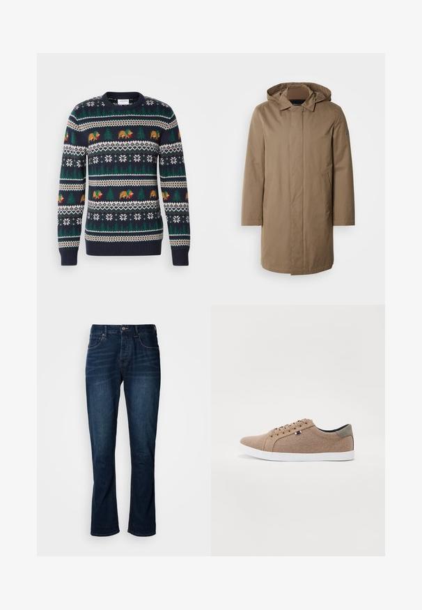Manteau long à capuche de couleur marron douce. Fabriqué en tissu lisse avec des poches latérales et une coupe droite. Style minimaliste, sans motifs visibles.; Pull en tricot bleu marine avec un motif de vacances comprenant des ours, des arbres et des flocons de neige en vert, marron et blanc. Bords côtelés aux poignets et à l'ourlet.; Jeans en denim bleu foncé avec une coupe droite, dotés de coutures orange, d'un bouton en métal et d'un design classique à cinq poches.; Baskets en toile beige avec un design basse, semelle en caoutchouc blanc et lacets ronds. Présente un accent de talon gris contrastant et un détail de logo.