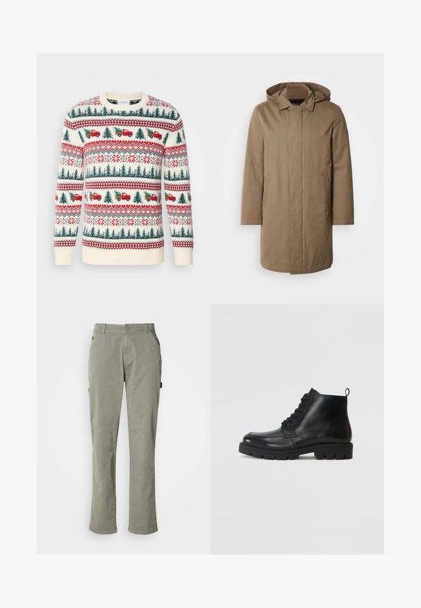 Manteau long à capuche de couleur marron douce. Fabriqué en tissu lisse avec des poches latérales et une coupe droite. Style minimaliste, sans motifs visibles.; Pull en tricot avec une base crème, motifs rouges et verts d'arbres, de camions et de flocons de neige, avec des poignets et un ourlet côtelés.; Pantalon en coton vert clair à coupe droite, avec des poches devant, une fermeture à bouton et une taille avec passants de ceinture.; Bottines en cuir noir à bout rond, avec des lacets à l'avant et une semelle en caoutchouc texturée. Comprend une languette à l'arrière pour un enfilage facile.