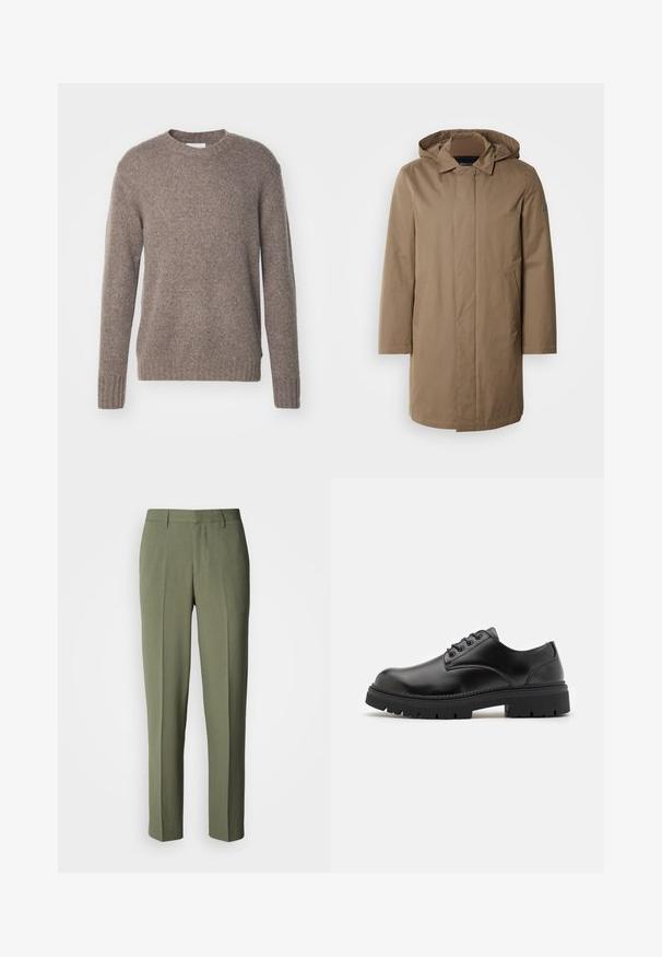 Lang hætteklædt frakke i en afdæmpet brun farve. Fremstillet af glat stof med sidelommer og et lige snit. Minimalistisk stil, ingen synlige mønstre.; Brun, strikket sweater med rund hals, lange ærmer og ribbede manchetter og kant, som har en blød, tekstureret overflade.; Olivengrønne bukser med et lige snit, der har en glat tekstur, enkeltliggende læg og ingen synlige detaljer eller hardware.; Sorte lædersko med rund tå, snørelukning og en tykk, struktureret gummisål. Har syninger langs kanten og en glat overflade.