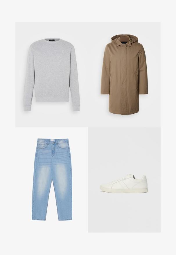 Manteau long à capuche de couleur marron douce. Fabriqué en tissu lisse avec des poches latérales et une coupe droite. Style minimaliste, sans motifs visibles.; Sweat à capuche gris clair avec des manches longues, col ras du cou, poignets et ourlet en bord-côte. Il arbore un logo subtil sur la zone supérieure gauche de la poitrine.; Jean en denim bleu clair avec une coupe décontractée, dotés de cinq poches, d'un léger délavage et de coutures le long des coutures.; Baskets blanches en cuir montantes basses avec fermeture à lacets et semelle en caoutchouc plate, vues du côté intérieur sur un fond uni.