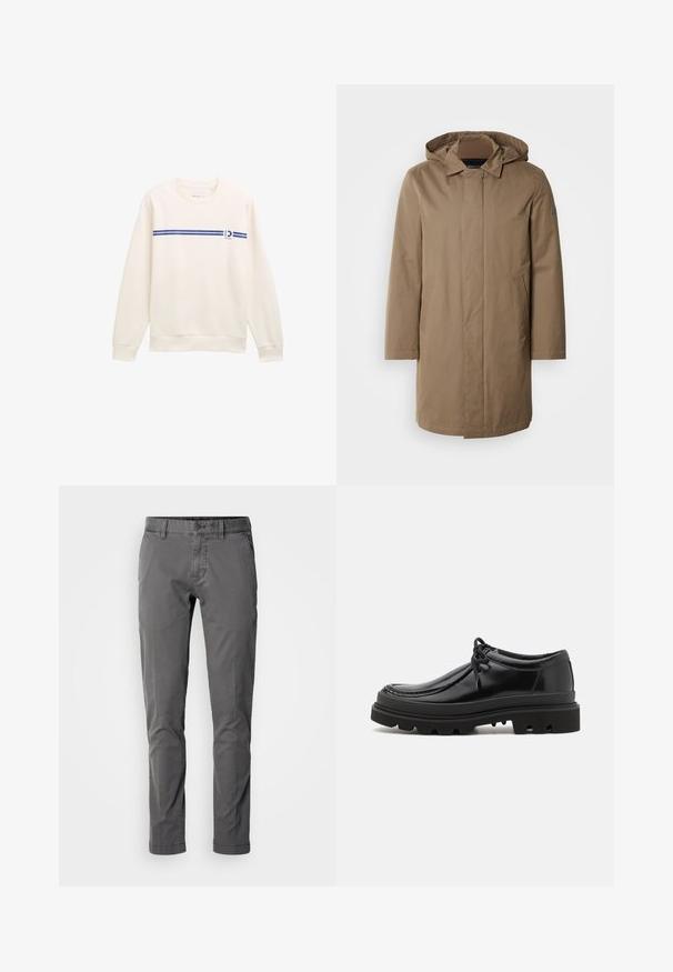 Lang hætteklædt frakke i en afdæmpet brun farve. Fremstillet af glat stof med sidelommer og et lige snit. Minimalistisk stil, ingen synlige mønstre.; Hvid sweatshirt med rund hals, prydet med en blå vandret stribe og et logo på fronten. Lavet af blødt, struktureret stof.; Slim-fit grå bomuldsbukser med knaplukning, sidelommer og en glat tekstur. Har et klassisk design og skræddersyet silhuet.; Sorte læder derby-sko med et strømlinet design, rund tå og struktureret gummisål med dybe riller for bedre greb.