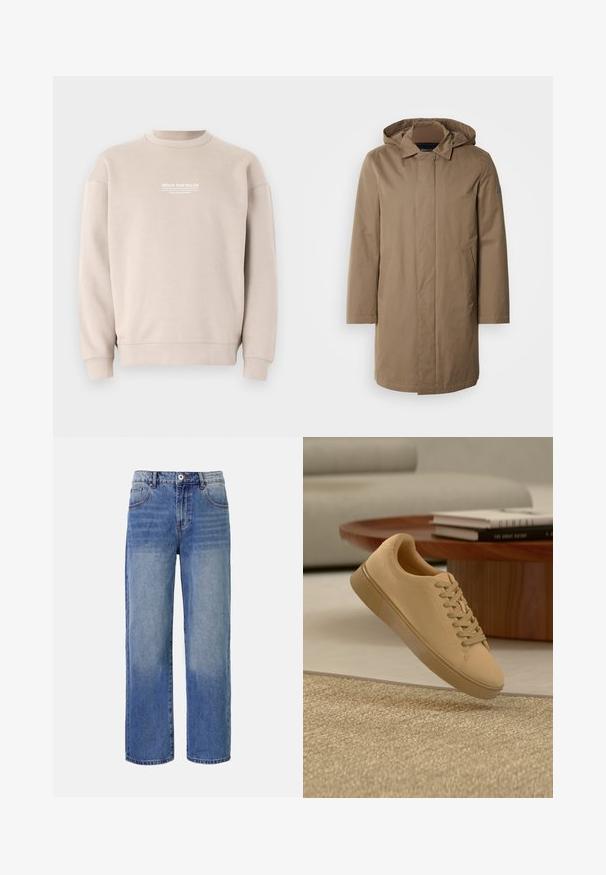 Langer Kapuzenmantel in einem gedämpften Braunton. Hergestellt aus glattem Stoff mit seitlichen Taschen und einem geraden Schnitt. Minimalistischer Stil, keine sichtbaren Muster.; Beige Sweatshirt aus weichem Stoff mit einem Rundhalsausschnitt. Mit weißem Textlogo auf der Brust sowie gerippten Bündchen und Saum.; Helle blaue Denim-Jeans mit weitem Bein, einem Ausbleichungsmuster, fünf Taschen und einem Reißverschluss. Mit einem Knopf und Gürtelschlaufen an der Taille.; Beiger geschnürter Sneaker, der über einem strukturierten Teppich mit Holzcouchtisch und gestapelten Büchern im verschwommenen Hintergrund schwebt.