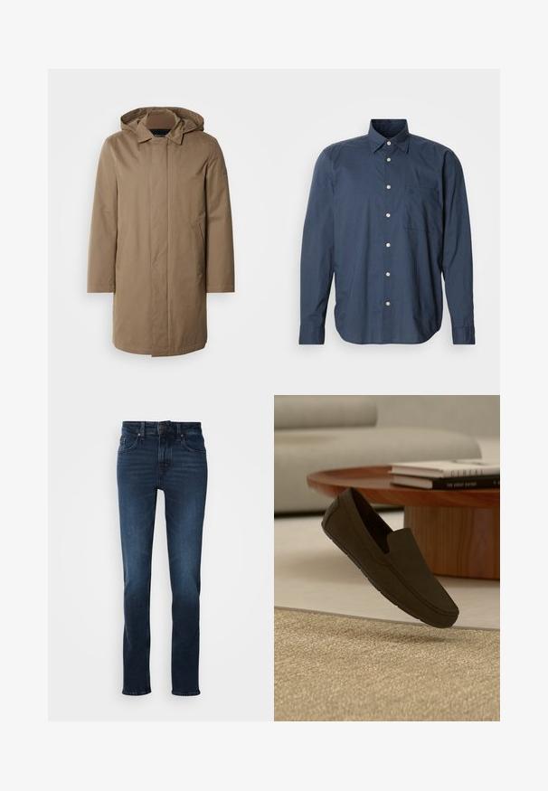 Langer Kapuzenmantel in einem gedämpften Braunton. Hergestellt aus glattem Stoff mit seitlichen Taschen und einem geraden Schnitt. Minimalistischer Stil, keine sichtbaren Muster.; Marineblaue Hemd mit langen Ärmeln, kleinem Karomuster, einer Brusttasche und weißen Knöpfen auf einem schlichten Hintergrund.; Dunkelblaue Jeans im Denim-Stil mit geradem Schnitt, fünf Taschen, Vorderknopfverschluss und subtilen Verblassungen an den Oberschenkeln.; Dunkelbrauner Slipper-Loafer schwebt über einem beigen, strukturierten Teppich, im Hintergrund unscharf ein runder Holztisch und Bücher.