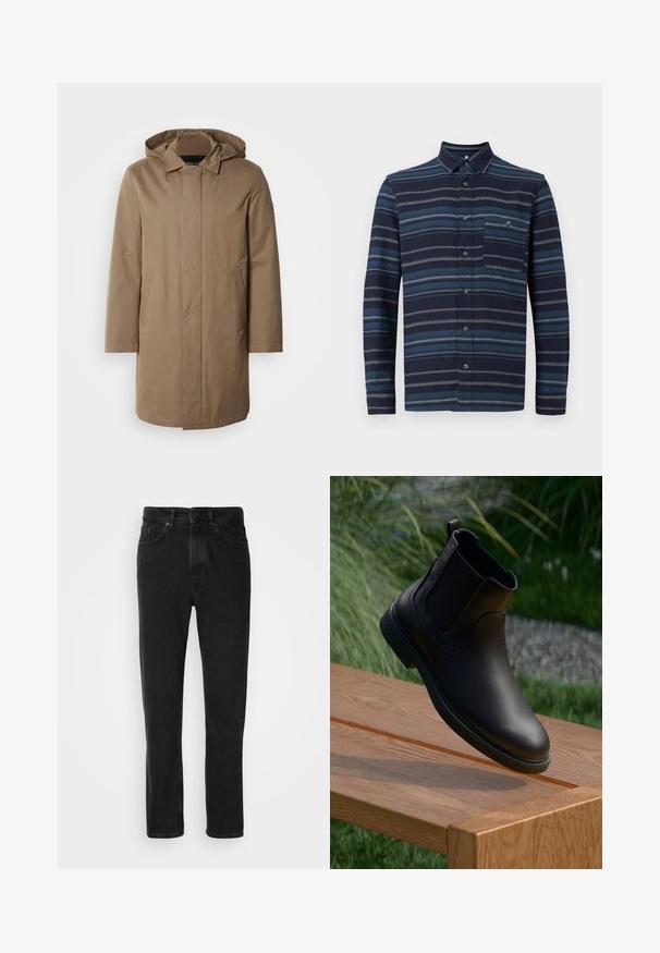 Langer Kapuzenmantel in einem gedämpften Braunton. Hergestellt aus glattem Stoff mit seitlichen Taschen und einem geraden Schnitt. Minimalistischer Stil, keine sichtbaren Muster.; Langärmliges Hemd mit Knopfleiste in Navy mit unterschiedlichen blauen horizontalen Streifen, einem Kragen und einer Brusttasche. Weicher Stoff.; Schwarze Denim-Jeans mit geradem Beinschnitt, ausgestattet mit einem Knopf- und Reißverschluss, Fronttaschen und subtiler Textur.; Schwarzer Leder-Stiefelette mit elastischen Seitenteilen, rundem Zehenbereich und einer strukturierten Gummisohle, schwebt über einem Holztisch.